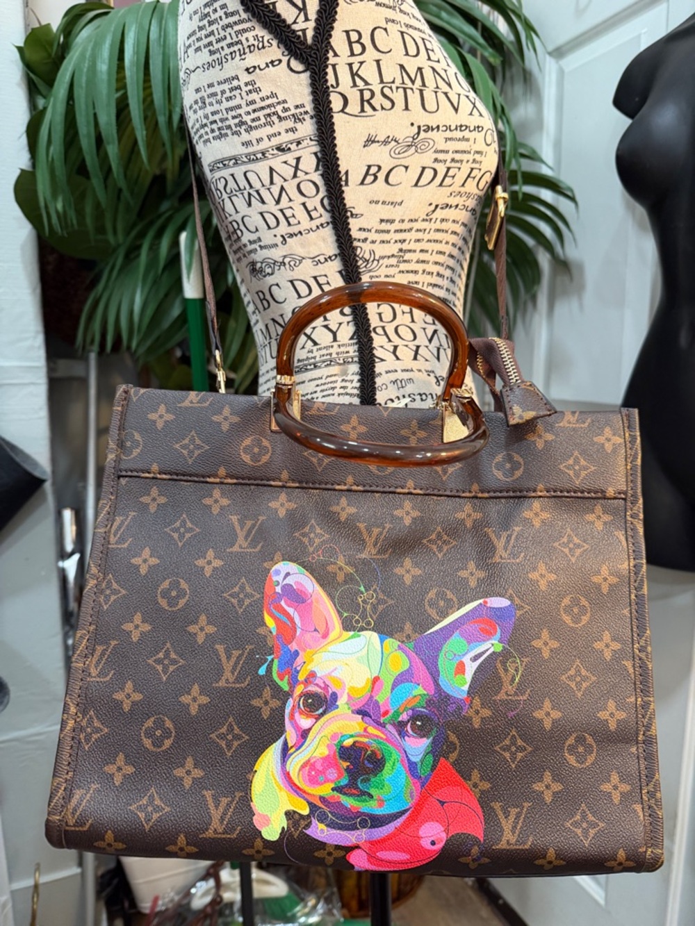 Monogram‎ Top-Handle Tote with Colorful French Bulldog Print